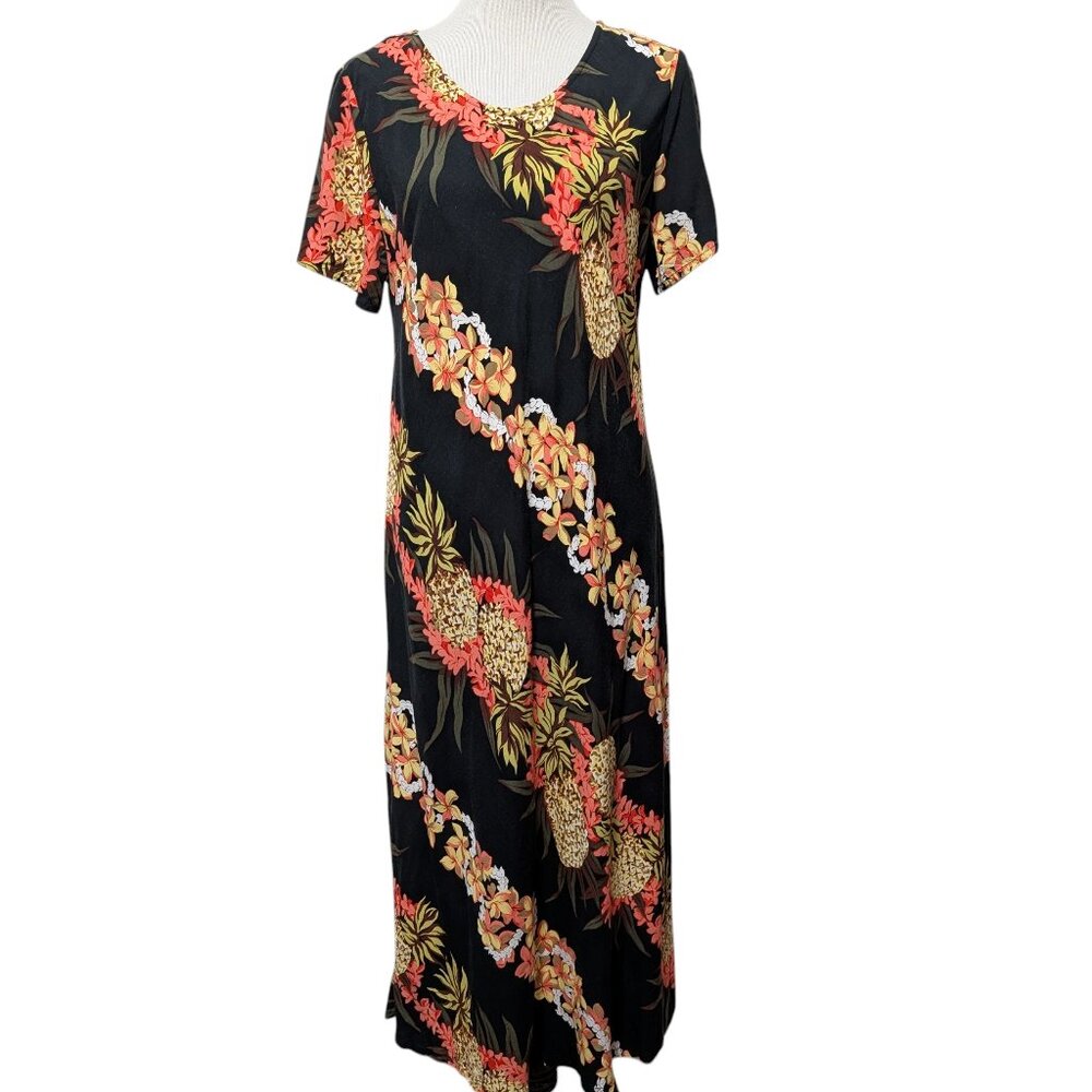 Hilo Hattie Vintage Womens Sz L Black Tropical Pineapple Floral S/S Midi Dress